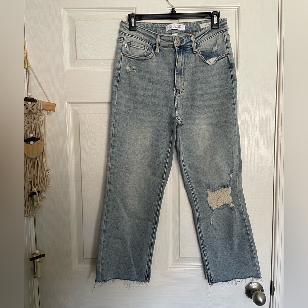 Judy Blue Light Wash Distressed Wide Leg Jeans